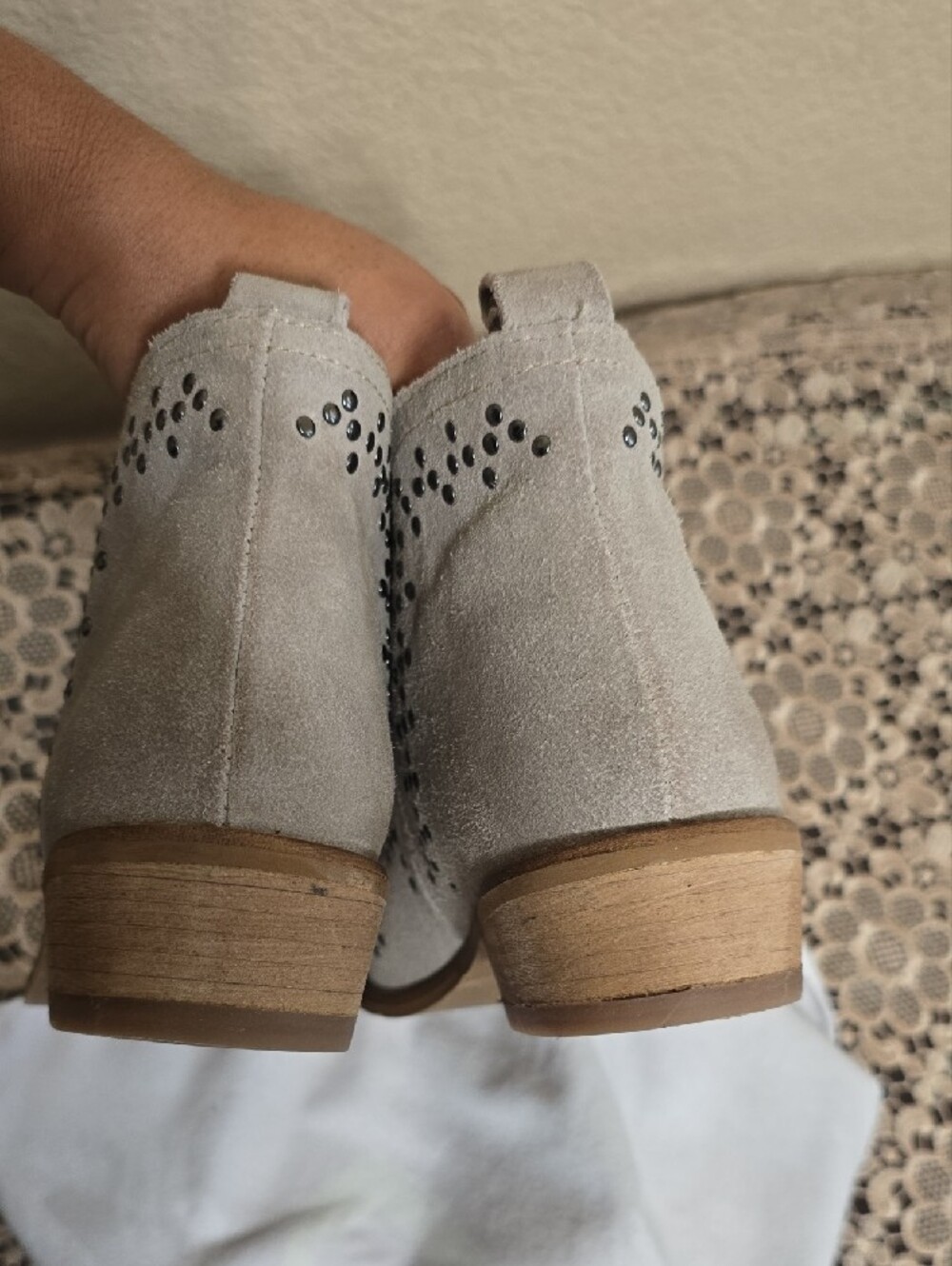 Women's Beige Studded Suede Ankle Boots - Picture 7 of 8